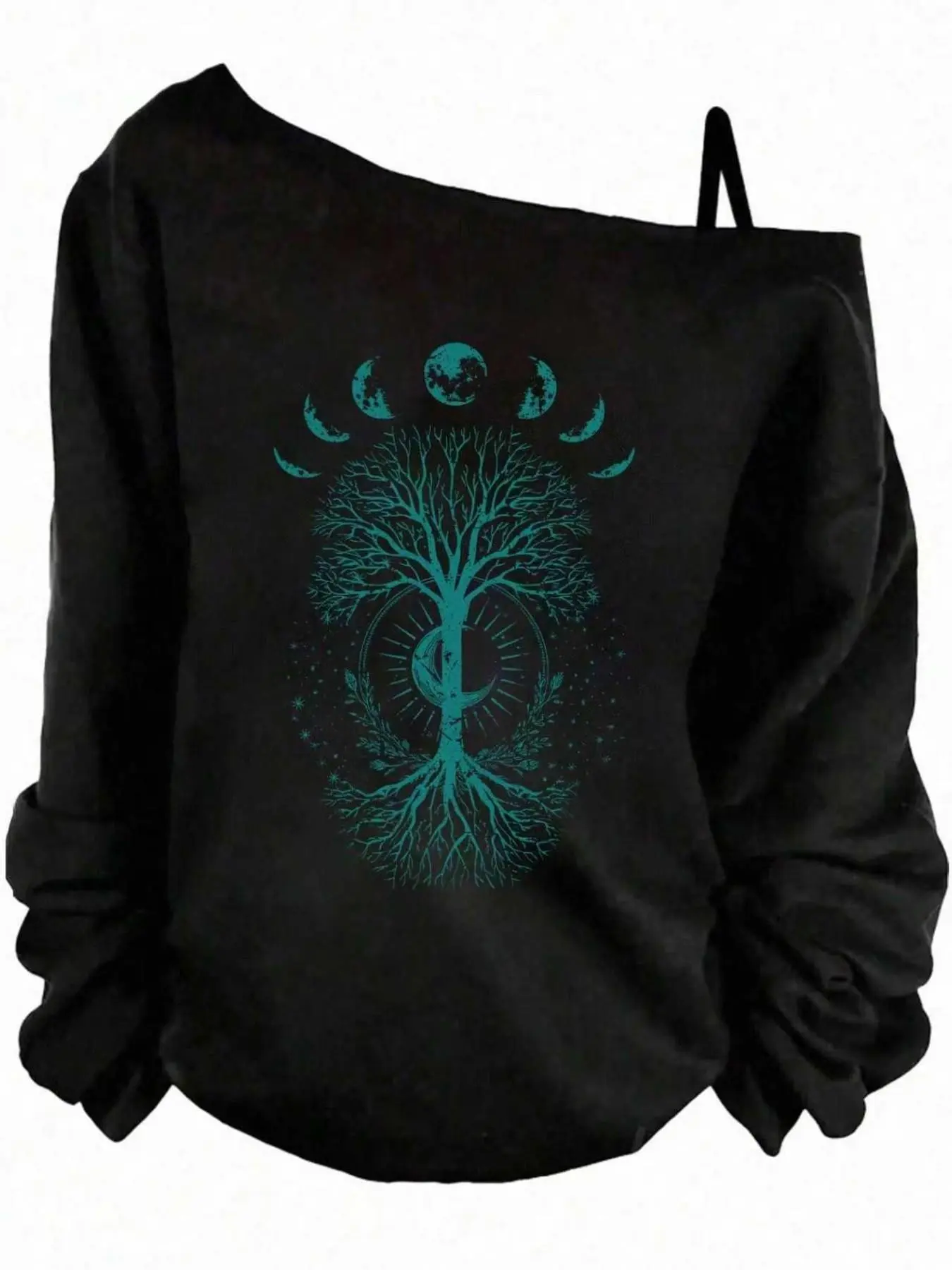 Women's Off-Shoulder Slouchy Casual Long Sleeve Sweatshirt, Moon Phase Tree of Life Print, Oversized Pullover, Boho Occult Graphic, Women's Tops, Womenswear, Spring&fall