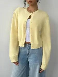 Women's Fashion Knit Button Cardigan Sweater Jacket, Long Sleeve Fitted Plain Design, All-Season Casual Outerwear for Daily Wear