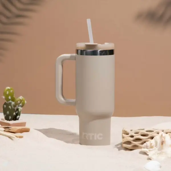 Ceramic Lined Travel Tumbler, 30 oz, with Handle & Leak-Resistant Straw Lid, Road Trip Tumbler, Beach Color