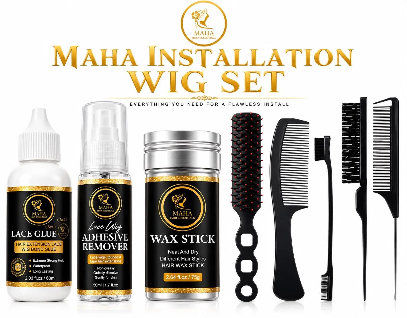 8 pcs wig kit for instalation wig,strong hold,Glueless ,Remover,Wax Stick,Comb,Edge Brush Wig accessory essentials kit.