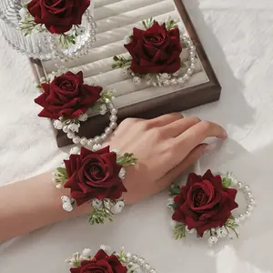 6Pcs Rose & Baby's Breath Wrist Flowers, High-End Chain Wrist Corsage for Bride Bridesmaid Mom Mother-in-Law, Elegant Wrist Flower for Wedding Anniversary Dinner Party
