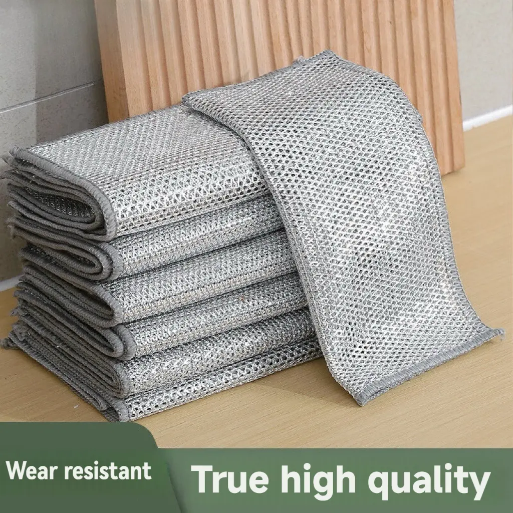 10-Count Wire Dishwashing Rag Pack, High-Quality Reusable Non-Scratch Steel Mesh Cloth for Wet/Dry Cleaning of Cookware & Sinks, Easy-Clean Home Care Cleaning Cloth