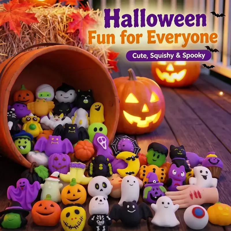 【Summerween】Halloween Squishies Stress Relief Toy Set, Classic Pumpkin/Ghost/Bat Shapes, Super Soft TPR Material with Elastic Squeeze Feel, Washable & Durable, Assorted 30/60/90pcs for Party Favors, Classroom Rewards & Trick-or-Treat