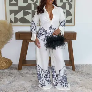CHICME Women's 2 Pieces Outfit Turn-down Collar Long Sleeve Button Front Shirt and Elastic Waist Wide Leg Pants Set Elegant Floral Placement Print Commuting Set with Lining