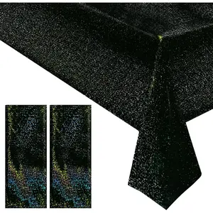 2 Pcs 40*108 Inch Black Holographic Laser Galaxy Shimmer Star Tablecloth Disposable Plastic Foil Table Cover for Halloween Birthday Graduation Neon Party Table Decor