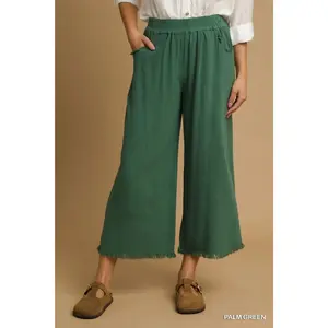 Hunter Green Freyed Hem Wide Leg Linen Pants by Umgee