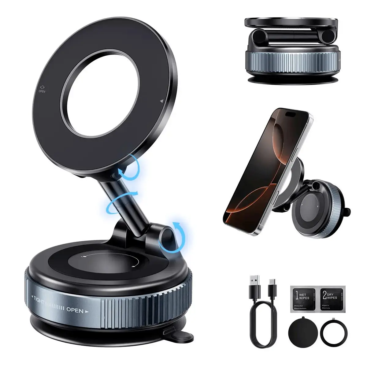 Upgraded Magnetic Car Holder, Vacuum Adsorption Rotatable Foldable Bracket Without Power, Noise-Free for iOS and Android Phones
