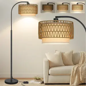Arc Floor Lamp Black, Boho Floor Lamps for Living Room, Dimmable Standing Tall Lamps with Rattan Fabric Shade, Modern Floor Lamp Farmhouse Bohemian Light for Bedroom, Office, 9W LED Bulb Included