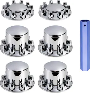 Chrome Axle Complete Wheel Cover Set 33mm Screw-on Lug Nut Covers for Semi Trucks 2 Front & 4 Rear Standard Hub Caps Kit with Installation Tool - Automotive Accessories