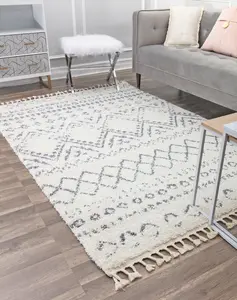 212 MAIN CosmoLiving RA28932 Moon Series Area Rug, 2 ft. 2 in. x 4 ft., Shadow Gray with White Tribal Moroccan Print, Fuzzy Pile, Shiny Finish, Indoor Use