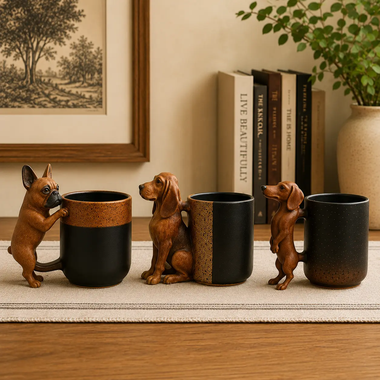 11 oz Handmade 3D Dog Ceramic Mug - Creative French Bulldog/Dachshund/Beagle Design, Animal Handle, Gradient Home Decor Statue, Washable Drink Beverage Cup, Unique Gift for Dog Owners