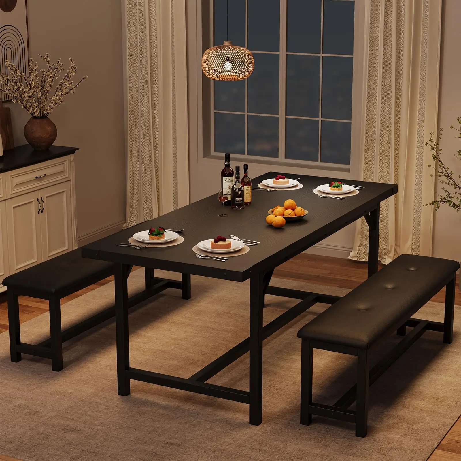 Rustic Black Rectangular Extendable Dining Furniture Sets Table with 2 Benches - 4-6 Seating, Freestanding Adjustable Space-Saving Design for Small Space Studio Apartments, Heavy Duty Alternative to Table & Chair Sets, Ideal for Entertaining at Home