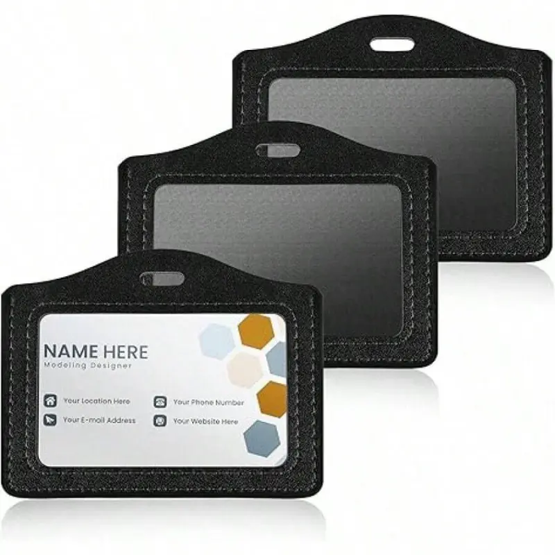 3 Packs Leather ID Badge Holder, Black Leather Badge Holder, Name Tag Holder, Horizontal ID Badges Holder Case, PU-Leather Case For Work Office Badges Keycard Driver Licence, Id Holders For Badges