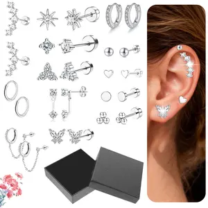 26PCS Hypoallergenic Flat Back Stud Earrings for Women Men Surgical Stainless Steel Earrings for Sensitive Ears Small Stud Hoop Silver Gold Black Earrings Cartilage Earring Set for Multiple Piercing