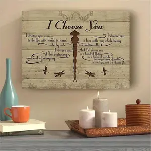 1 Piece Country Style Vintage Decor Wooden Frame Wedding and Anniversary Gift - "My Choice" Couple Love Letter Canvas Print, Dragonfly Art, Wedding Vow Style Text, Bedroom, Living Room Ready-to-Hang Horizontal Wall Decoration - Ideal Marriage Poster