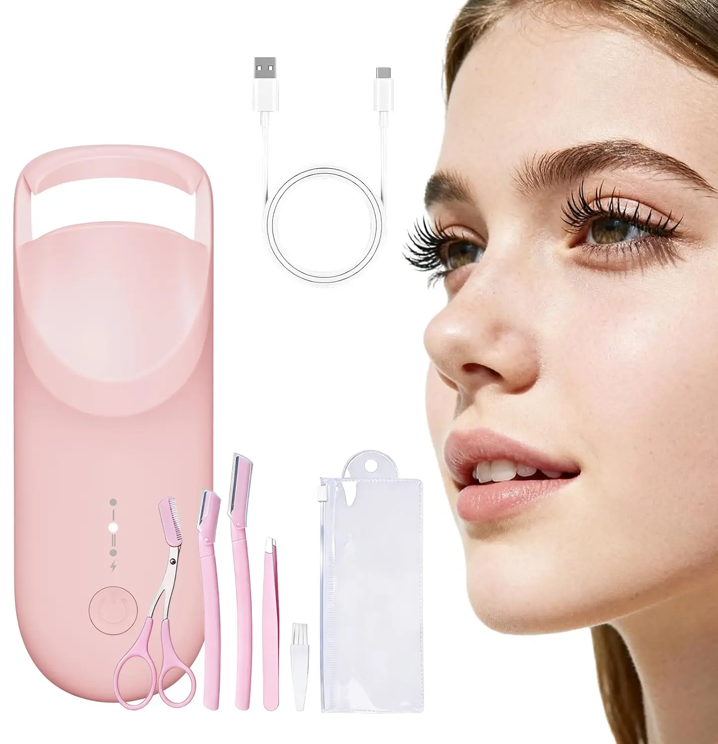 Heated Eyelash Curler, Portable Travel-Size Mini Electric Heated Lash Curler Burn-Proof Design with Heat Sensitive Silicone Pad - 2-Level Adjustable Temp & Type-C Recharge, 10S Heat 3S Style 24H Lift for Long-Lasting with Eyebrow Grooming Kit