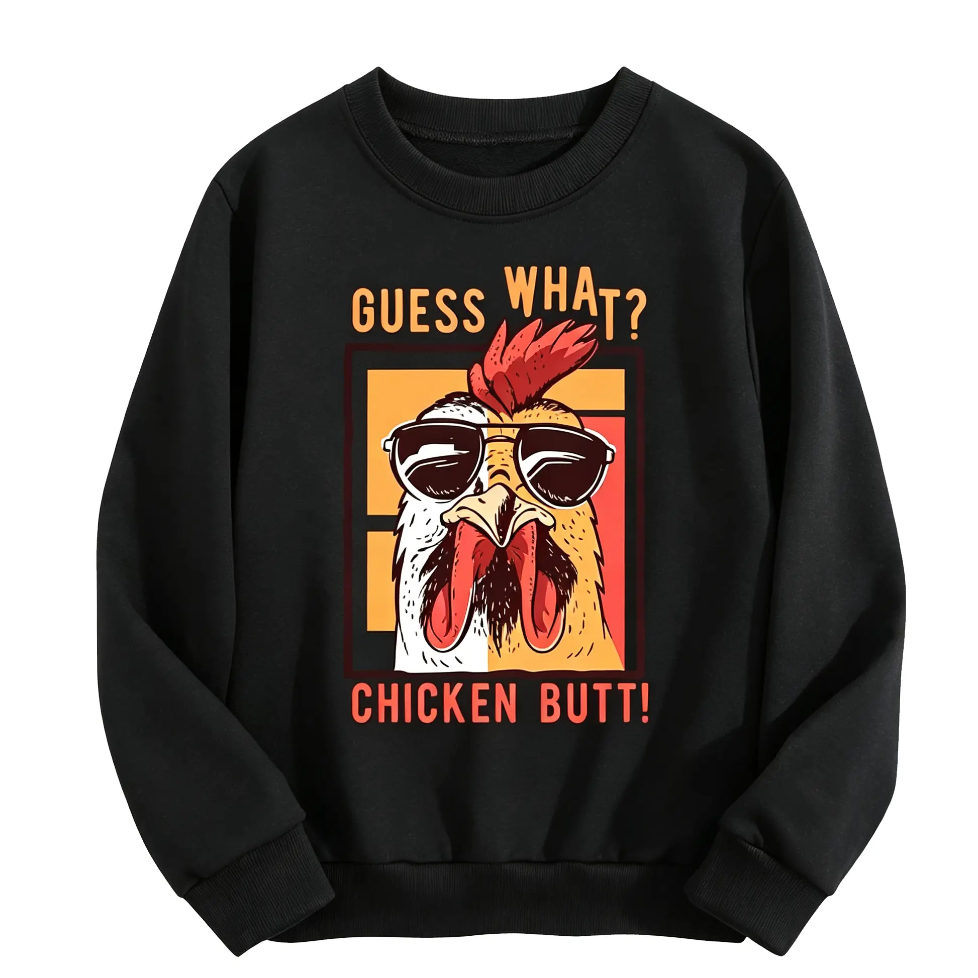 Guess What Chicken Butt Funny Rooster Graphic Sweatshirt For Teens, Cool Chicken Sunglasses Animal Print Crew Neck Pullover, Casual Humor Daily Top