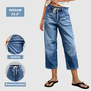 Flamingals Wash Stitch Drawstring Mid Rise Straight Leg Crop Jeans Stretchy 22.2 Inseam
