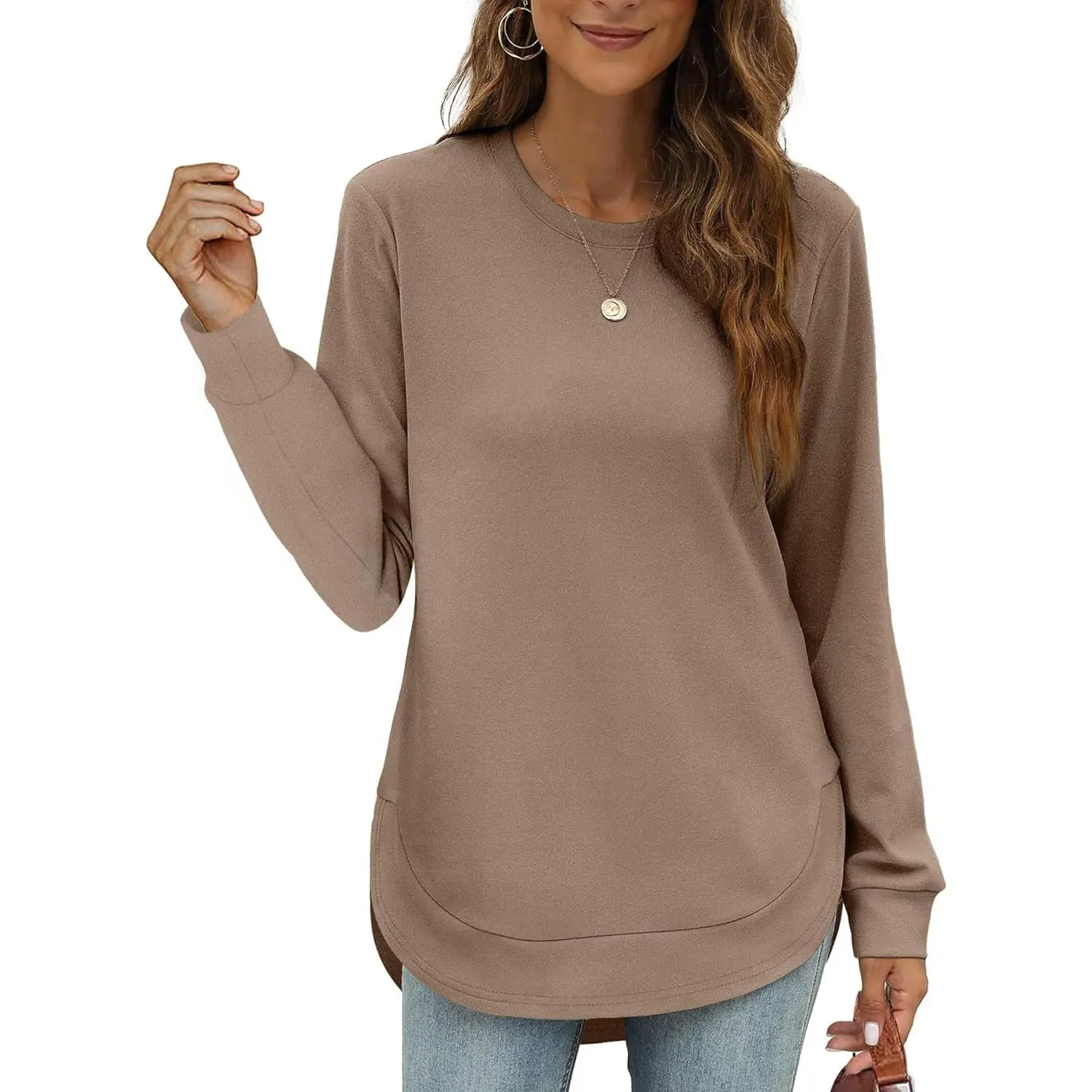 Womens Sweatshirt Crewneck Long Sleeve Shirts High Low Tops Curved Hem Pullover Sweaters