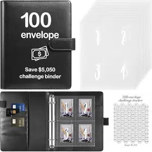 100 Envelopes Money Saving Challenge Binder with Laminated Tracker, Budget Binder with Cash Envelopes, Easy and Fun Way to Save $5,050 (Black)