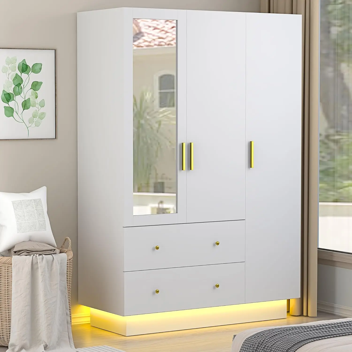 Sturdy Modern Design Wooden Bedroom Furniture Wardrobe - Luminous Indoor Armoire with Mirror, LED Lighting, Hanging Rod, Drawers, Shelves for Clothes Storage & Organization, Black/White