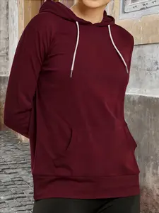 Elegant Women's Kangaroo Pocket Adjustable Drawstring Knitted Hoodie, Long Sleeve Fall Fashion, Pure Color, European and American Style, Casual Wear