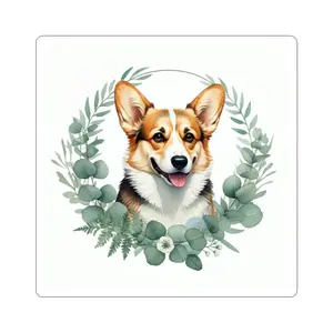 Corgi Kiss-Cut Sticker — Botanical Wreath