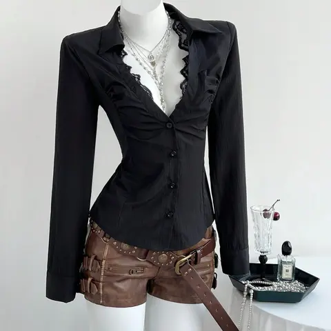 Women's Summer V-Neck Lace Patchwork Long Sleeve Shirt, Elegant Fitted Design, Perfect for Casual Wear, Casual Trendy Versatile, Stylish Women's Top