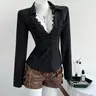 Women's Summer V-Neck Lace Patchwork Long Sleeve Shirt, Elegant Fitted Design, Perfect for Casual Wear, Casual Trendy Versatile, Stylish Women's Top
