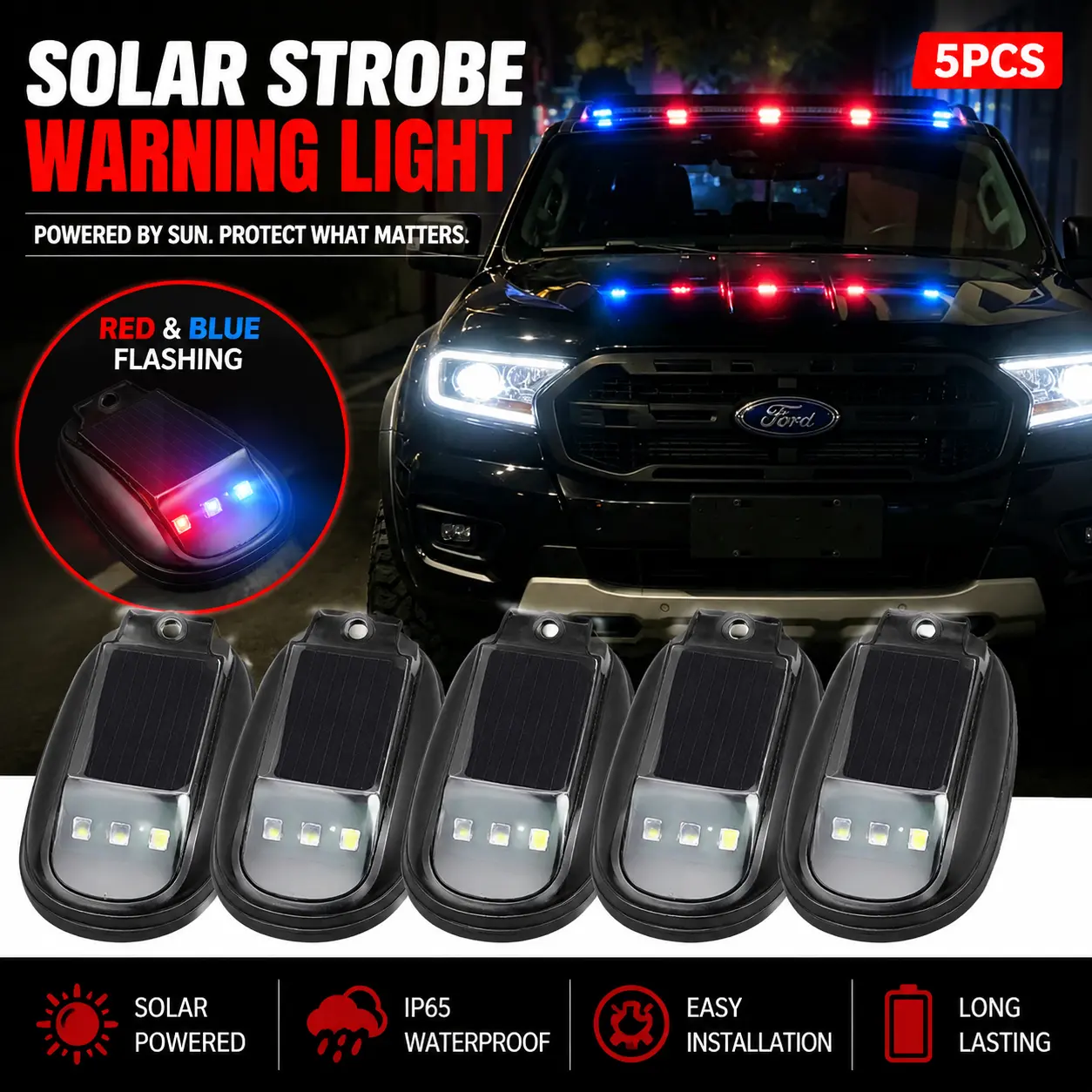 5 Pack Solar LED Car Navigation Marker Lights with Remote Control, 8 RGB Color Waterproof Auto Roof Warning Strobe Lights, No Wiring Solar Vibration Sensor Running Lights Compatible with Truck Jeep SUV Off-Road Vehicles