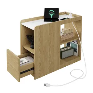 Narrow Sideboard Cabinet with Charging Station, Rolling Buffet Server with Lockable Wheels, Modern Farmhouse Storage Cabinet with Drawer & Shelves for Dining Room, Living Room, Small Spaces, Apartment, Dorm