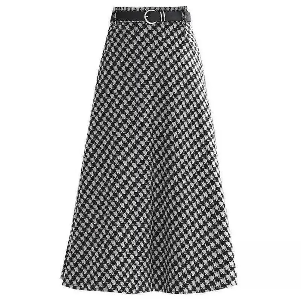 Autumn Winter Woolen Houndstooth Midi Skirt With Belt Office Ladies 2021 A-Line Long Skirt For Women Plus Size Plaid Midi Skirt