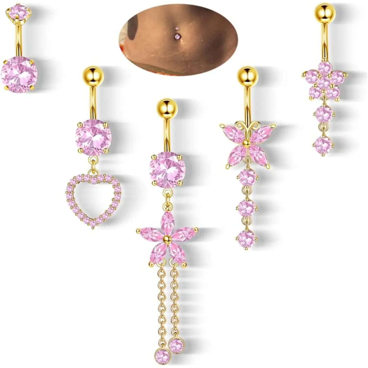 Women's 5-Piece 14G Surgical Steel Safe Body Jewelry Set, Hypoallergenic Healthy for Sensitive Skin Dangle Belly Button Rings with Bling CZ Flower, Butterfly Charm, Heart Charms, Internally Threaded Ease for Anniversary Gifting