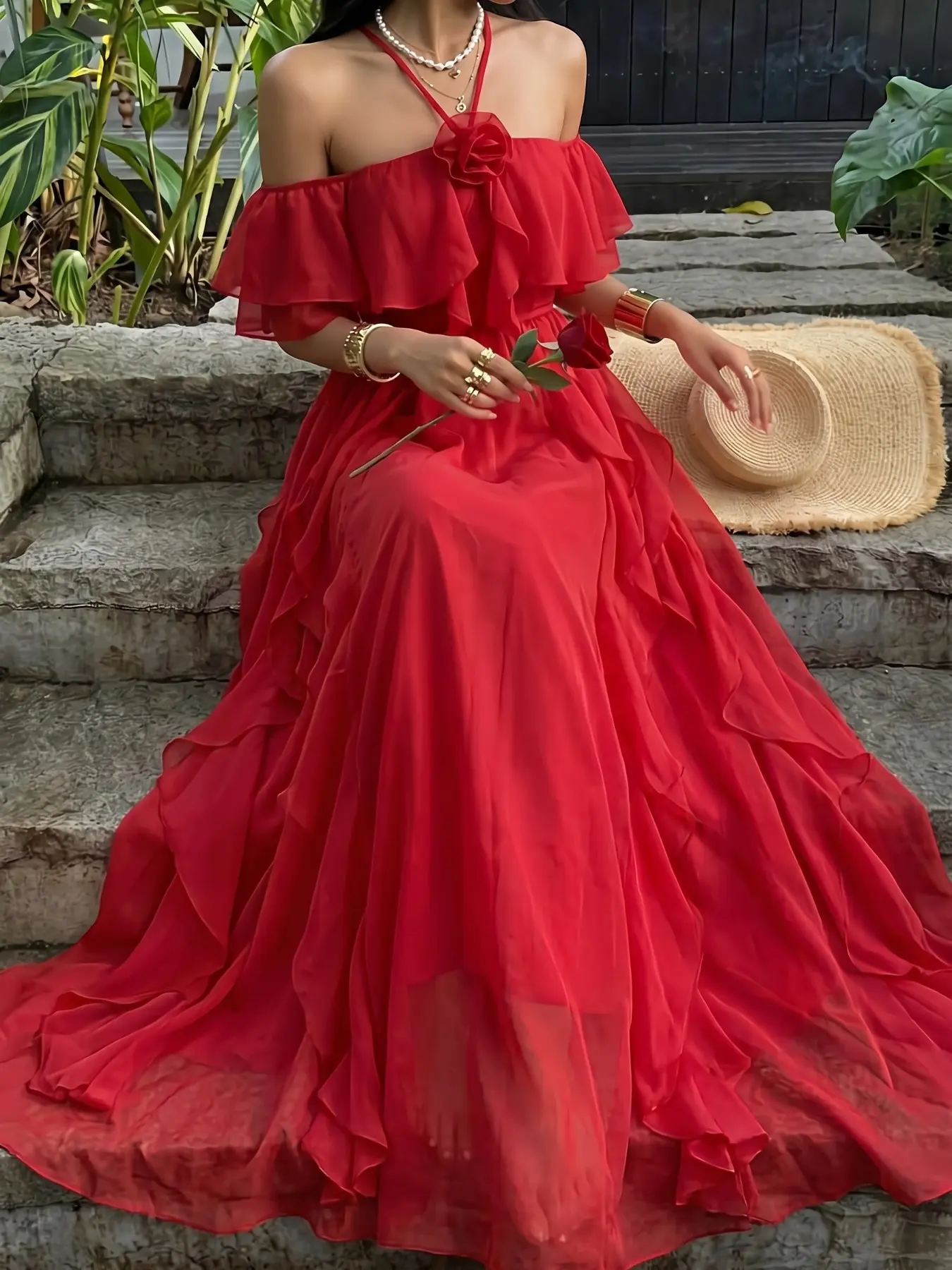 asymmetric ruffle dress red - TikTok Shop