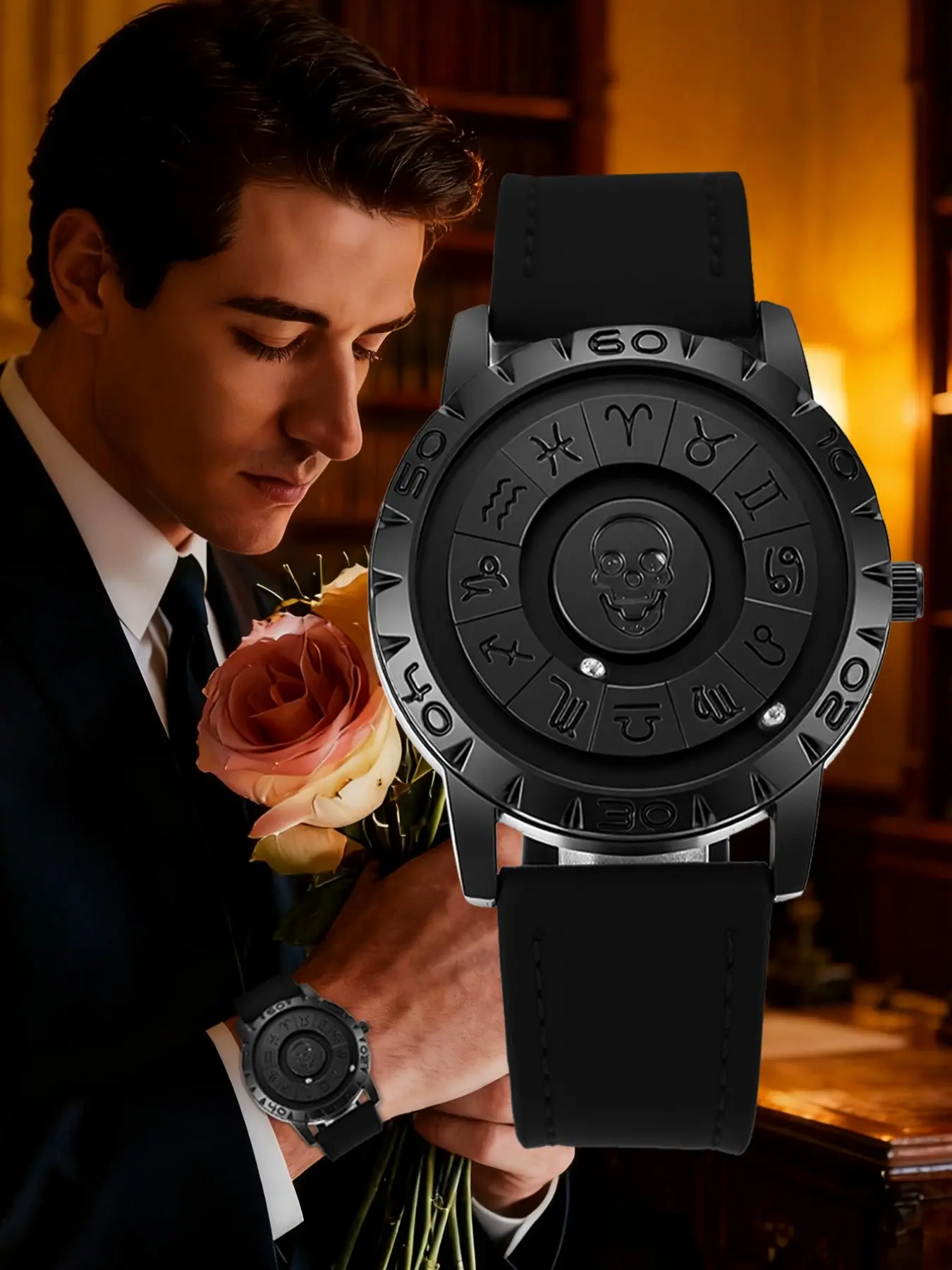 Creative Zodiac Skull Watch, Fashion Watch, Unisex Quartz Analog Timepiece, Durable Zinc Alloy Case & Leather Strap, All-Season Casual Style, Unique Design, Fashionable Watches