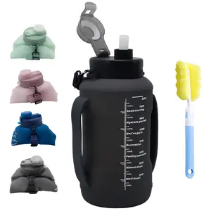 64oz Collapsible Water Bottle with Time Marker, BPA Free Silicone Foldable Water Jug with Handle & Straw, Leakproof Large Capacity Portable Water Bottle for Gym, Hiking, Travel, Sports