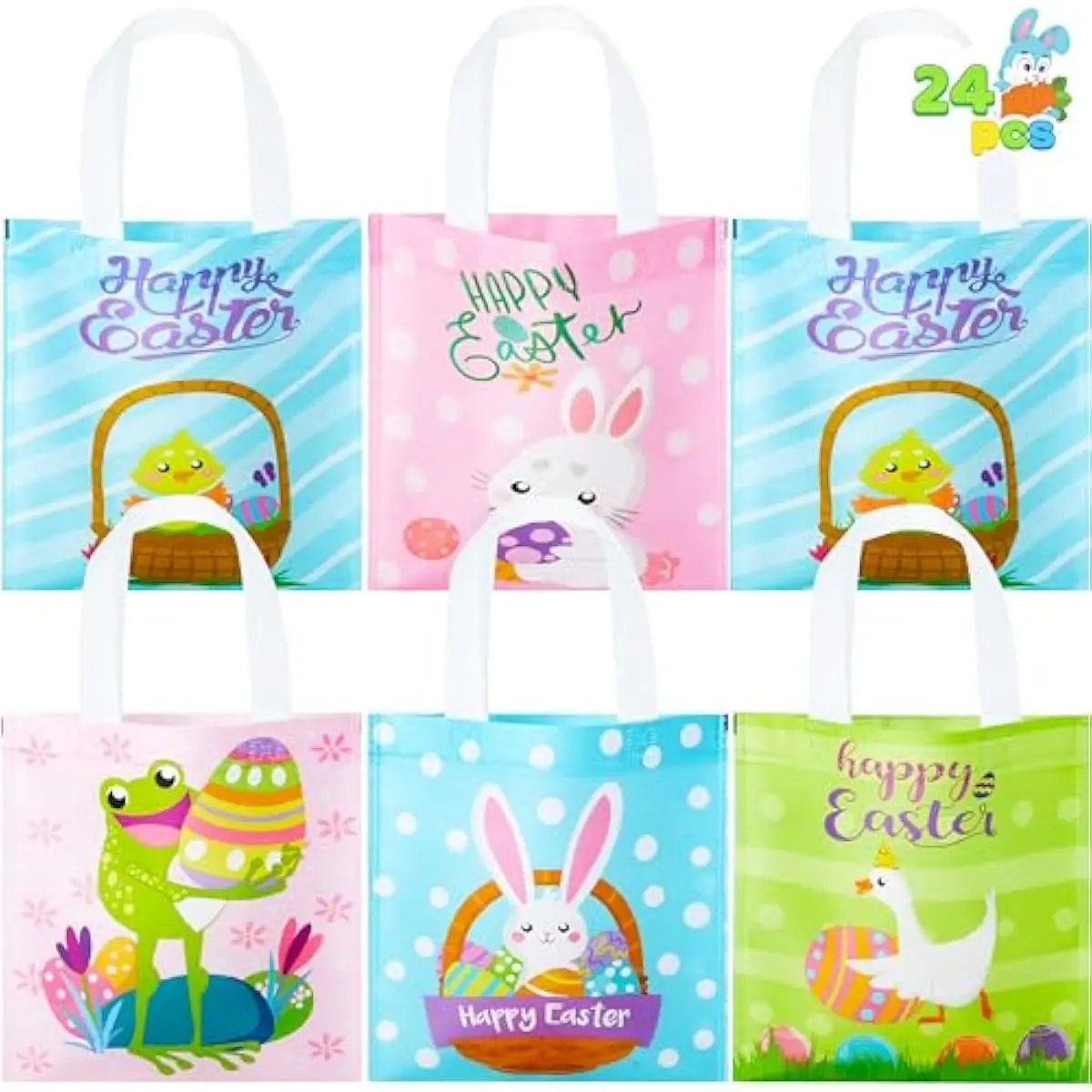 JOYIN 24 PCS Easter Bags, 8.7" x 8.7" Mini Size Creamed Tote Easter Gift Craft Treat Goodie Bags and Basket with Handles for Egg Hunt, Party Favors