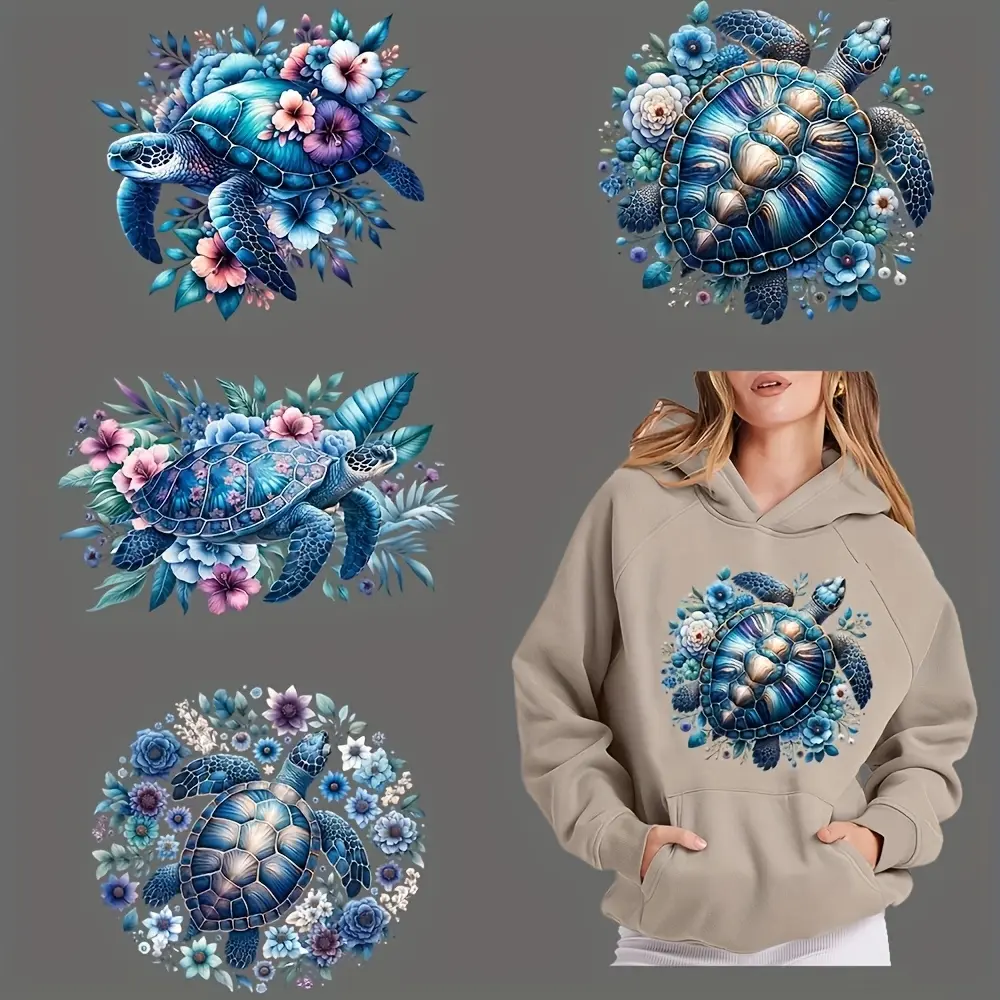 6 Piece Tropical Turtle DIY Transfer Stickers, Vibrant Blue Sea Turtle Floral Design, Washable Heat Transfer for T-Shirts Masks Jeans Backpacks