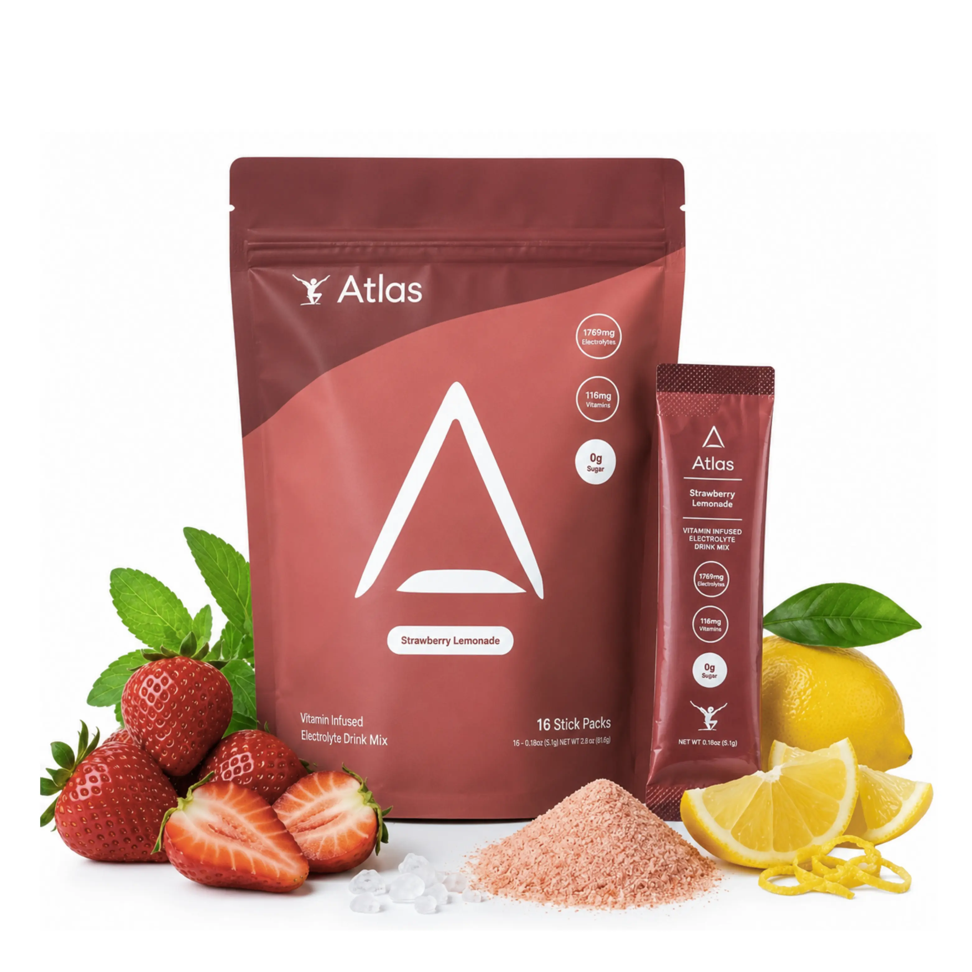 Atlas 0 Sugar Electrolyte Drink Mix - Strawberry Lemonade Hydration Supplement Drink Powder with Sodium, Magnesium, Vitamin, 16 Single-Serve Sachets