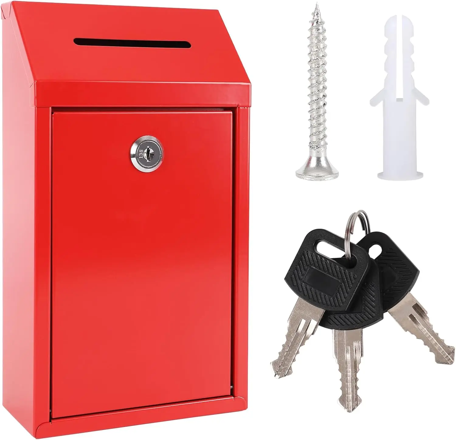 Metal Donation Box with Lock Ballot Box Drop Box with Lock Suggestion Box with Slot and Lock Metal Lock Box Comment Box Voting Box Key Drop Box for Home Office(Red,10.24 x 5.71 x 2.95 Inch)