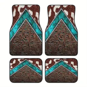 Set of 4 Car Mats Featuring a Western Cowboy Design with Cowhide And Turquoise, Perfect As a Gift. These Durable Floor Mats, Car Interior Accessory, Are Suitable for Trucks, Cars, And Suvs