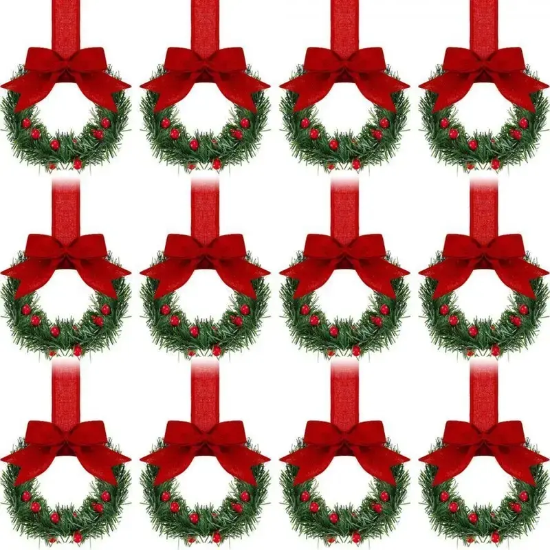 12 Classic Christmas Wreaths with Ribbon, Mini Holiday Decorations for Cabinets, Doors, Windows, Hanging Ornaments