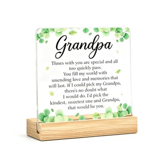 Grandpa Eucalyptus Acrylic Desk Plaque with Wooden Stand, Sentimental Table Sign Gift for Grandfather, Birthday Father's Day Christmas Home Desktop Decor