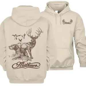 Mathews Hunting Dog Buck Hoodie Tshirt – Mathews Hunting Graphic T-Shirt, Hunting Dog & Deer 2side Bowhunting Style, Unisex Outdoor Hunter Outfit - KitchenEra