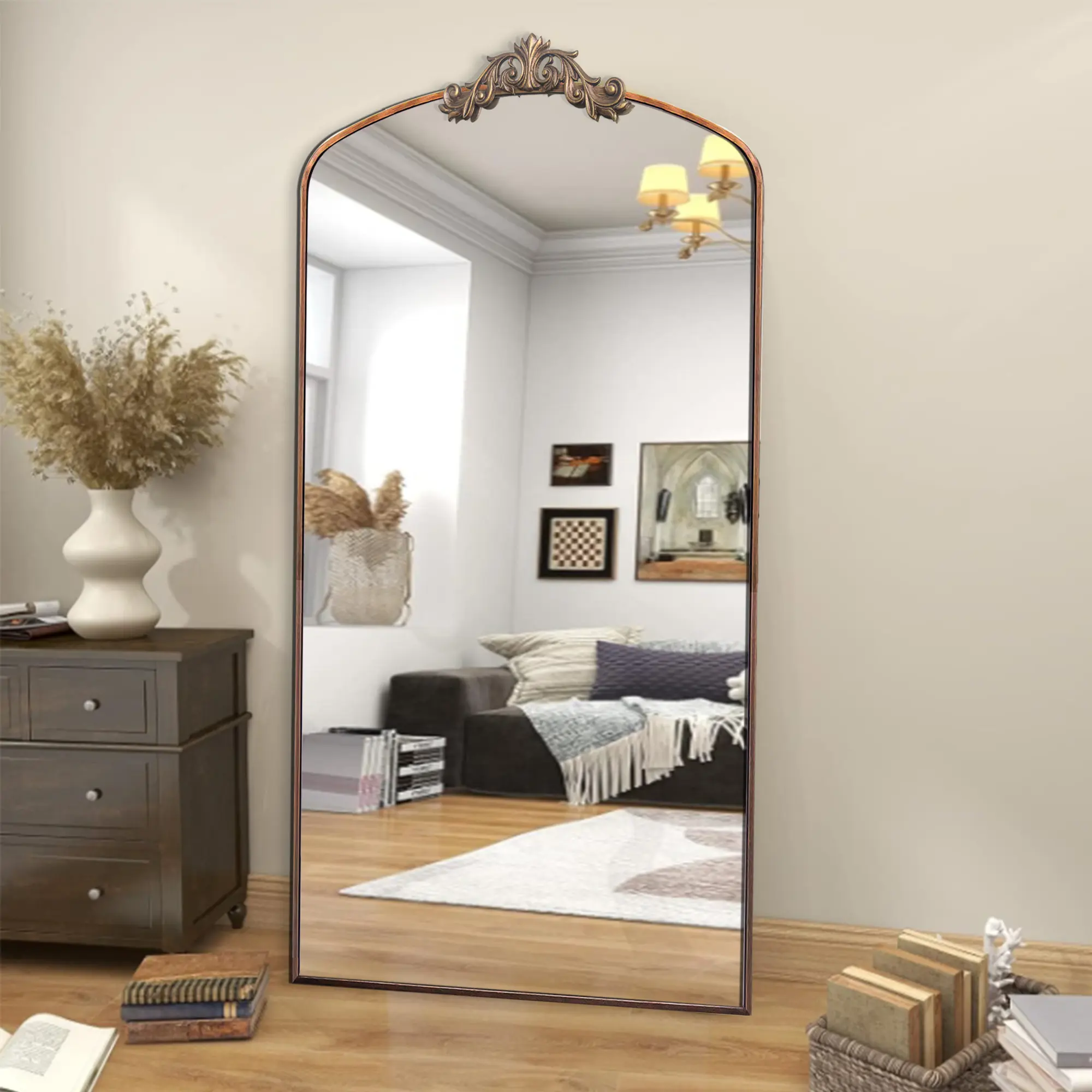 Vintage Baroque Arched Full Length Mirror 36x66 Inch, Antique Bronze Metal Framed Decorative Mirror for Entryway & Living Room