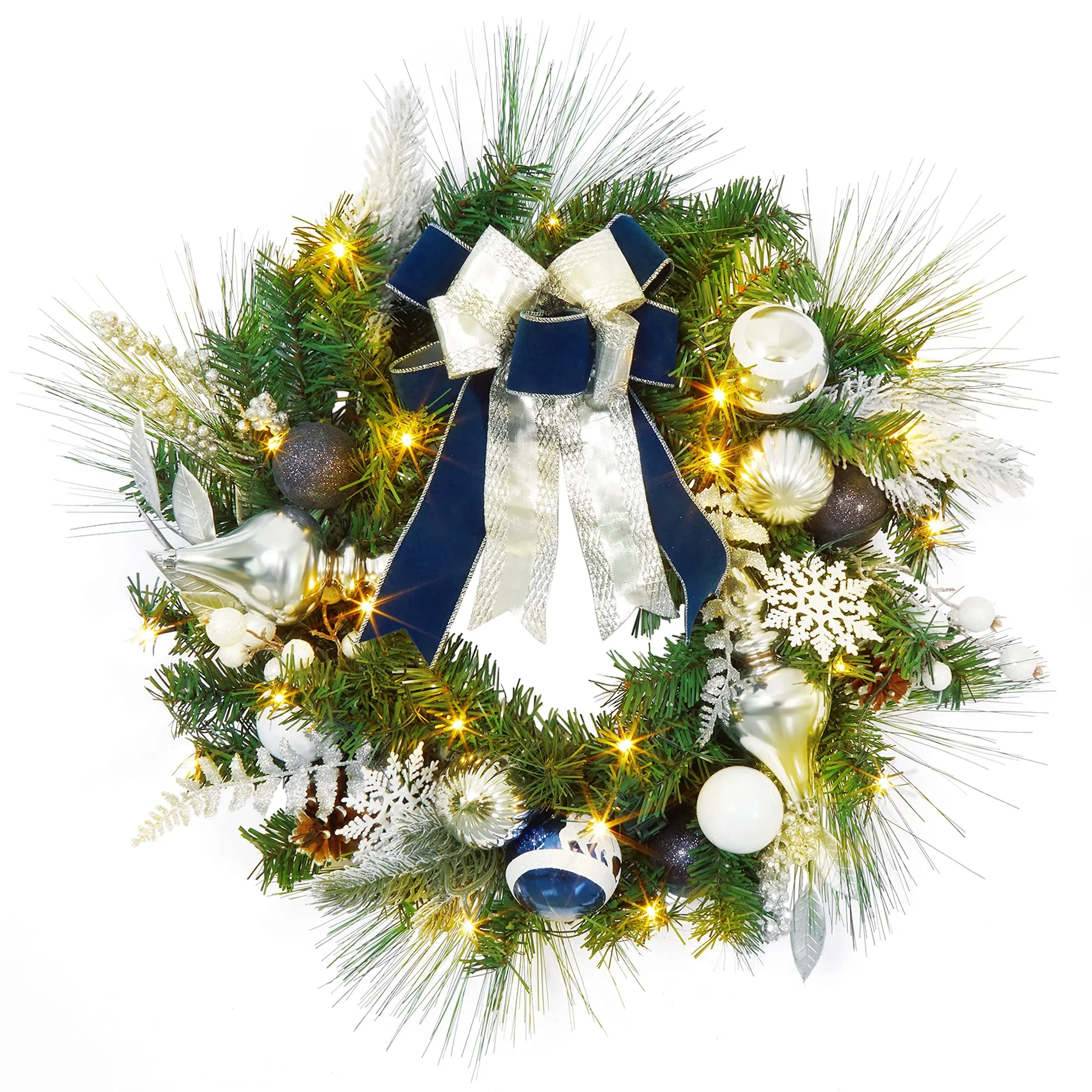 GAOMON 24" Pre-Lit Christmas Wreath with 20 Lights - Blue & Silver Wreath with Ornaments, Pine Cones, Berries, Bows & Snowflakes for Indoor/Outdoor Decor
