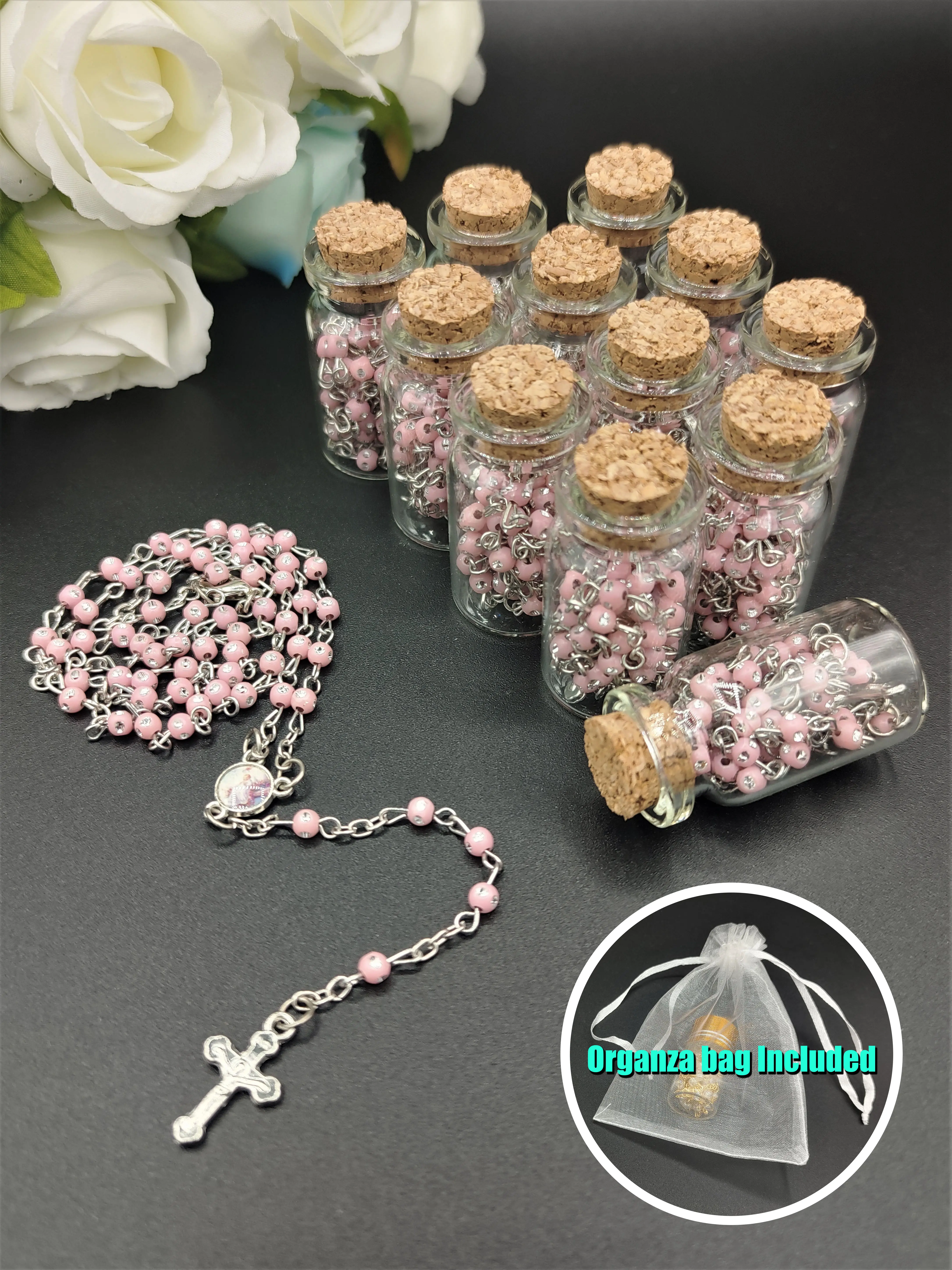 US LUOKASI 12pcs Baptism Favors Pink Beads Rosary in Glass Wishing Bottle Perfect for DIY Baptism Favors Holy Communion Recuerdos De Bautizo Quinceanera Christening Primera Communion Gifts Wedding Baby Shower Souvenirs