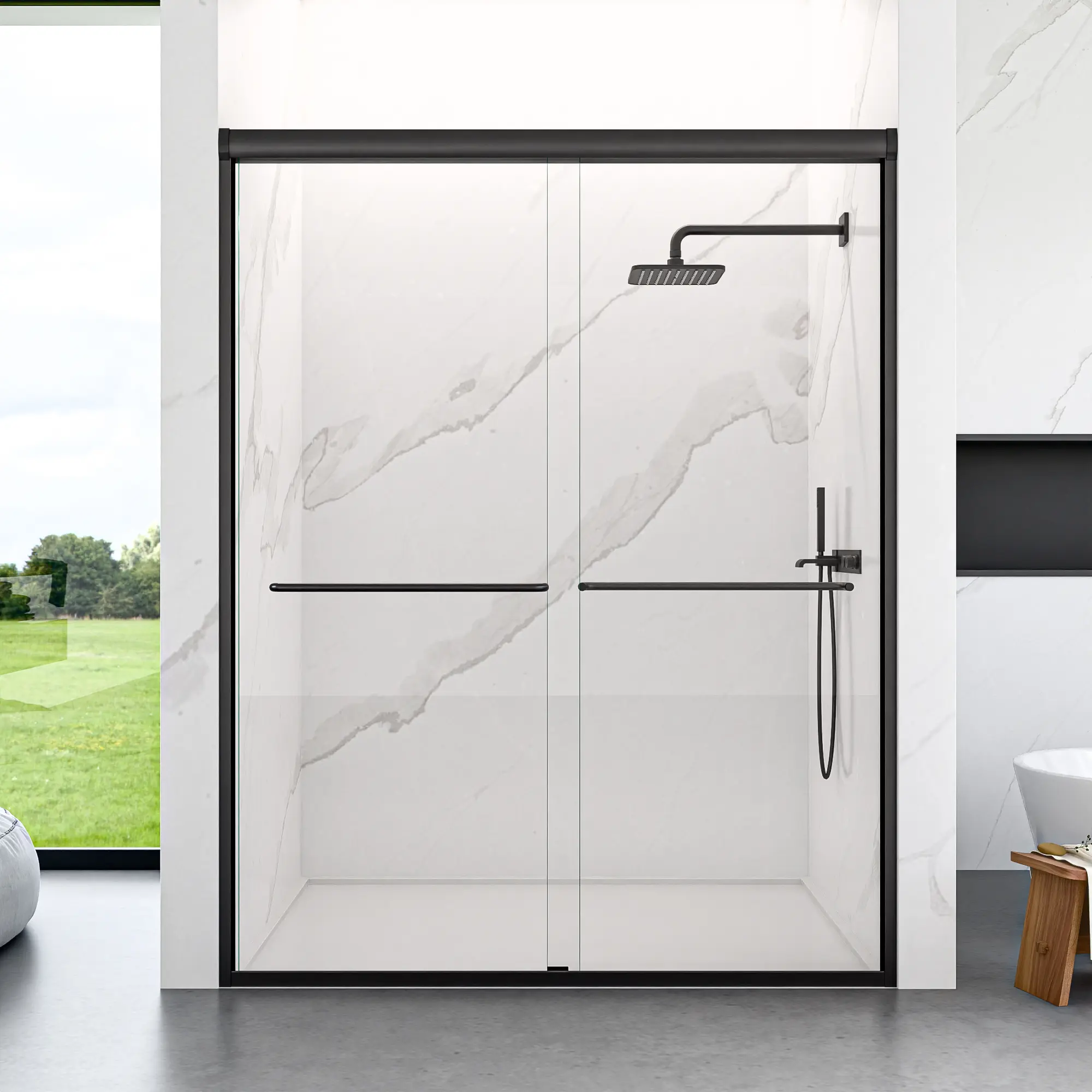Semi-Frameless Double Sliding Shower Door - 56-60x72" Bypass Enclosure, 1/4" (6mm) SGCC Tempered Safety Glass, Adjustable Width, Anti-Rust Chrome-Aluminium Frame, Lightweight Matte Black Easy-Install Bathroom Door, Sliding Doors