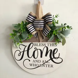Round Flower Wreath Wooden Welcome Hanging Ornament For Front Door Outdoor Fall Decor Welcome Bow Knot Christmas Decoration,summervibes