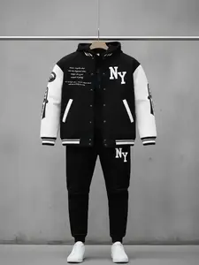 Men's Two Piece Set Matching Sets Colorblock Letter Print Button Front Jacket Drawstring Waist Sweatpants Regular Fit Casual Long Sleeve Outerwear Pocket Jogger Pants Daily Wear Outfits Fall Winter Casual Set 2026 Breathable Soft Warm Cozy Lightweight Tre